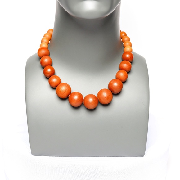 BEADED WOODEN NECKLACE, TERRACOTTA COLOR - Picture 1 of 3